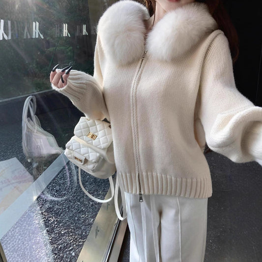 ANNA | Cardigan à capuche en tricot avec col en fourrure