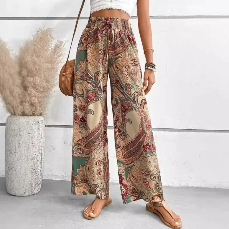 Sui© Pantalon Large Bohème à Taille Élastique